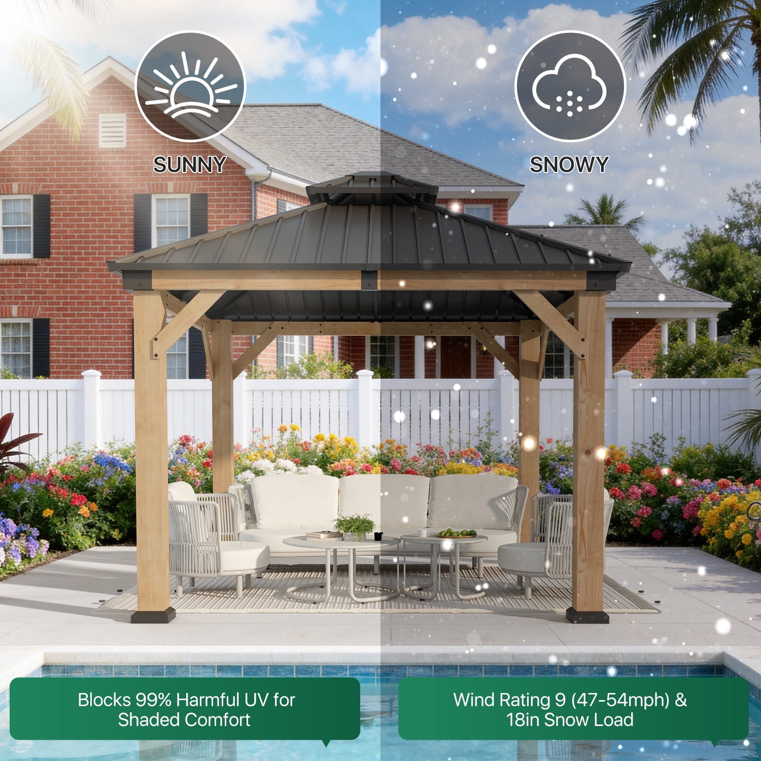 Clouddwell 10' × 10' Cedar Wood Hardtop Gazebo with Ventilated Double-Tier Metal Roof for Outdoor Patio & Backyard