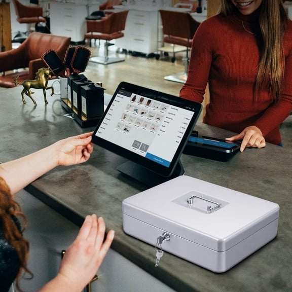 Cash Box with Money Tray and Lock - Metal Cash Box for Small Businesses, 9-Compartment Silver Money Box with Removable Tray and Key, Portable Storage for Checks and Coins