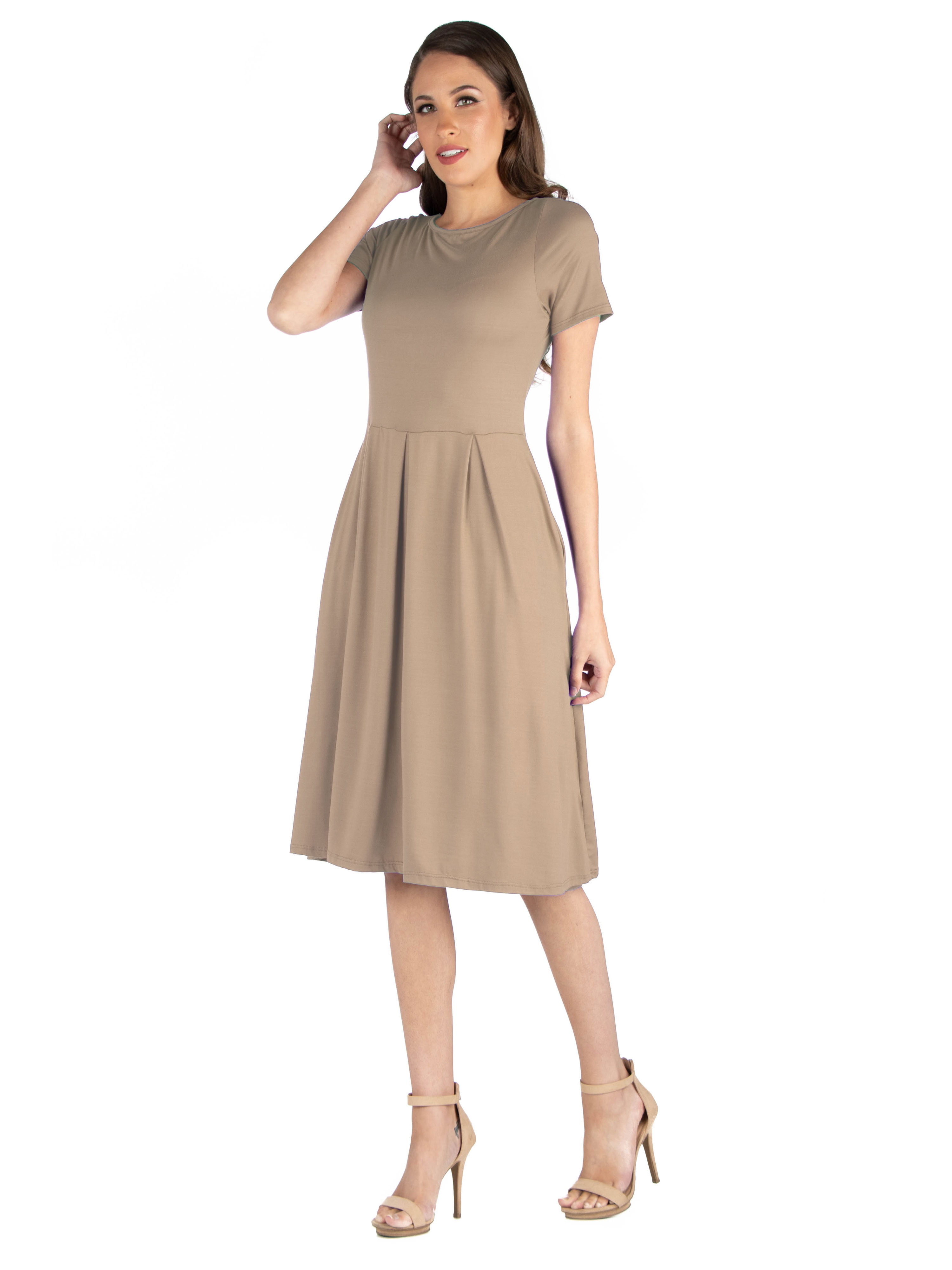 24/7 Comfort Apparel Womens Midi Dress with Short Sleeves and Pocket Detail