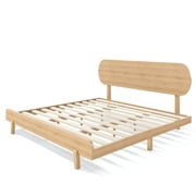 King Size Bamboo Platform Bed with Round Shape Headboard and Little Footboard, Solid Bamboo-made Bed Frame with Support Slats, Full/Queen/King Bed Frame for Bedroom, Guest Rooms, Dorms, Natural
