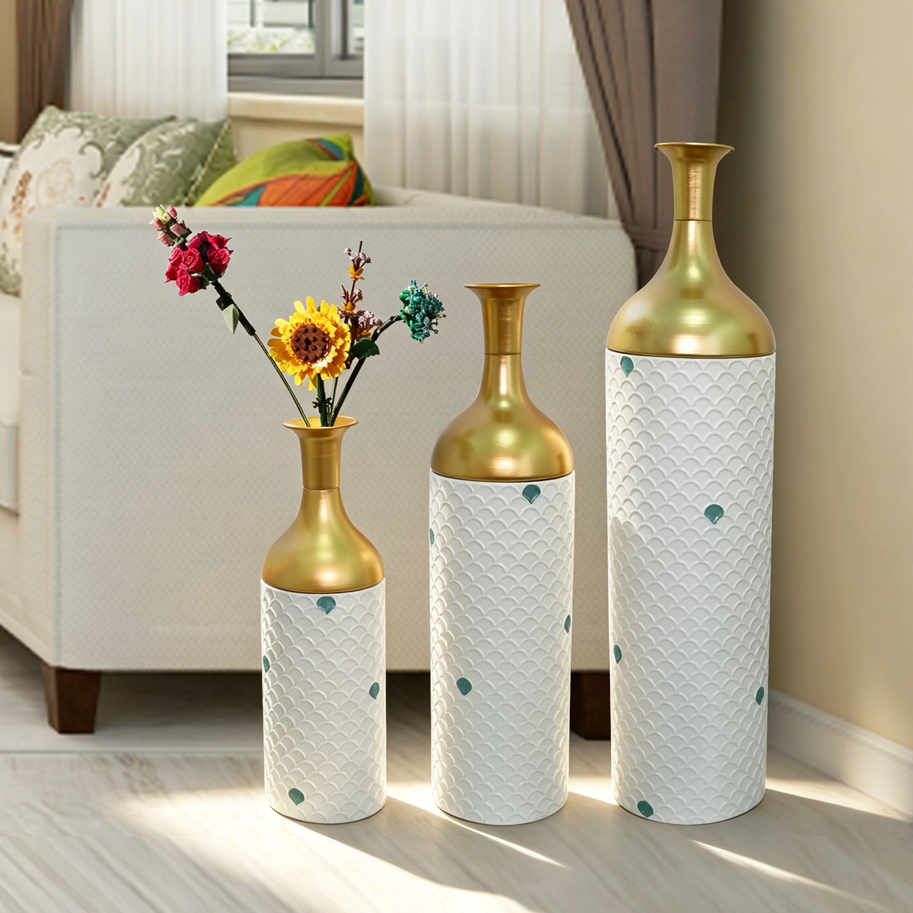 Metal Floor Vases Set of 3 with Leaf Pattern, Tall Decorative Vases and Home Decor Accents for Living Room Entryway, White and Gold