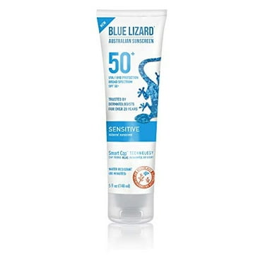 BLUE LIZARD Sensitive Mineral Sunscreen with Zinc Oxide 50  Water Resistant UVAUVB Protection with Smart Cap Technology Fragrance Free, Sensitve, SPF 50 - - Tube, Unscented, 5 Fl Oz