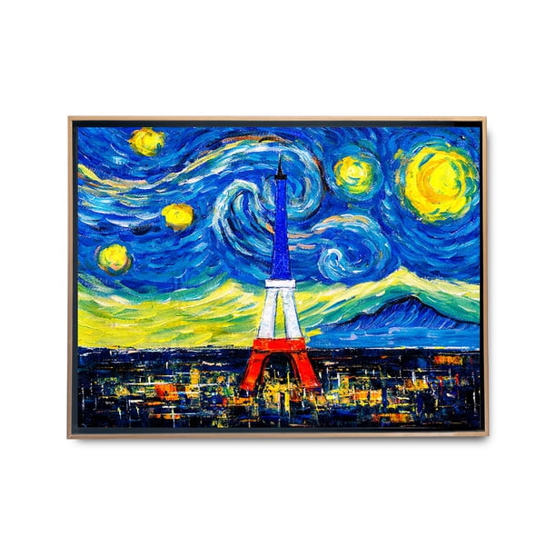 Cuadro Decorativo La Noche Estrellada Torre Eiffel Maxigráfica Shop Canvas Listo para Colgar 60x40 Marco Flotado negro