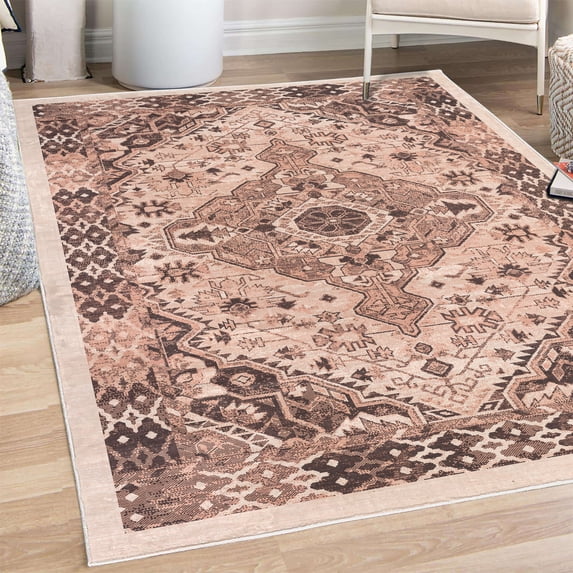 Ethnic Decorative Rug, Geometric Abstract Shapes from Past Art of Indigenous People Triangles, Quality Carpet for Bedroom Dorm and Living Room, 6 Sizes, Pale Salmon Dark Brown, by Ambesonne
