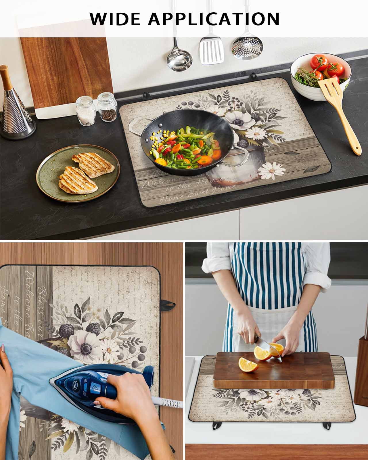 Large Induction Cooktop Protector Mat Vintage Flowers Stove Top Covers for Electric Stove, Farmhouse Floral Leaves Retro Wood Board Decorative Stove Burner Cover Mats, Glass Top Stove Cover