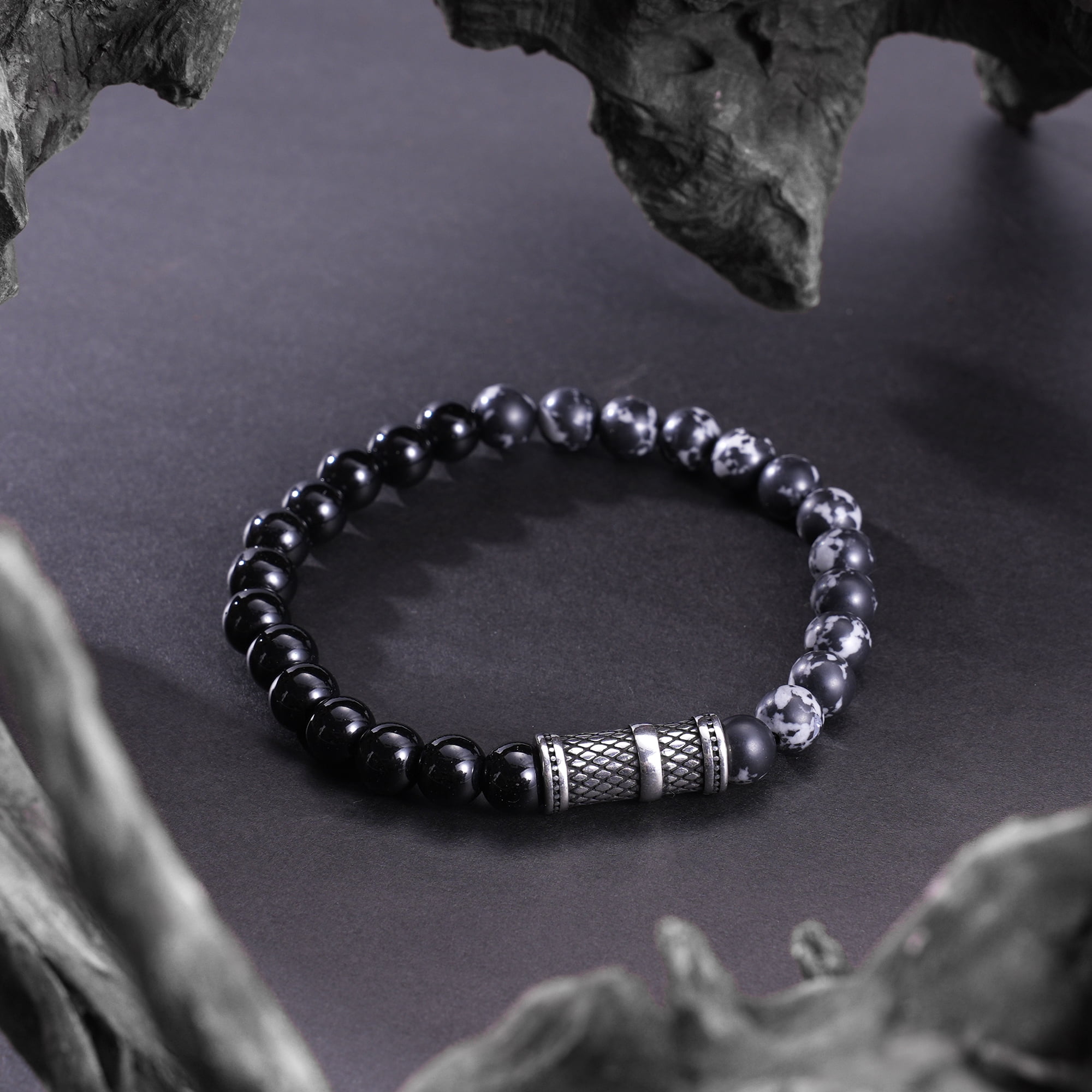 Iron Saints Men Black Onyx Bead Bracelets, Stainless Steel, Men Bead Bracelets Natural Gems