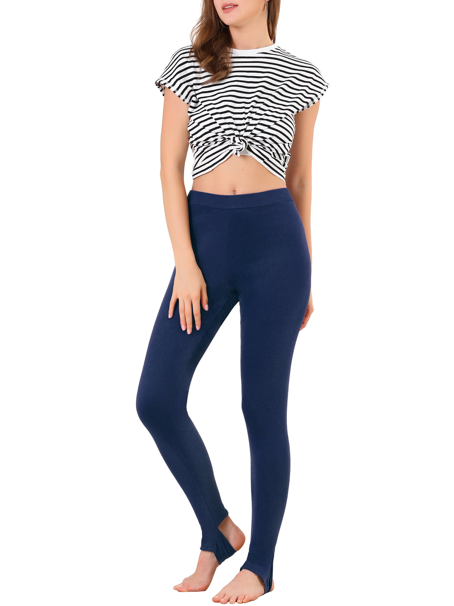DARING DIVA Leggings Solid Color Elastic Waistband Stirrup Pants M Dark Blue