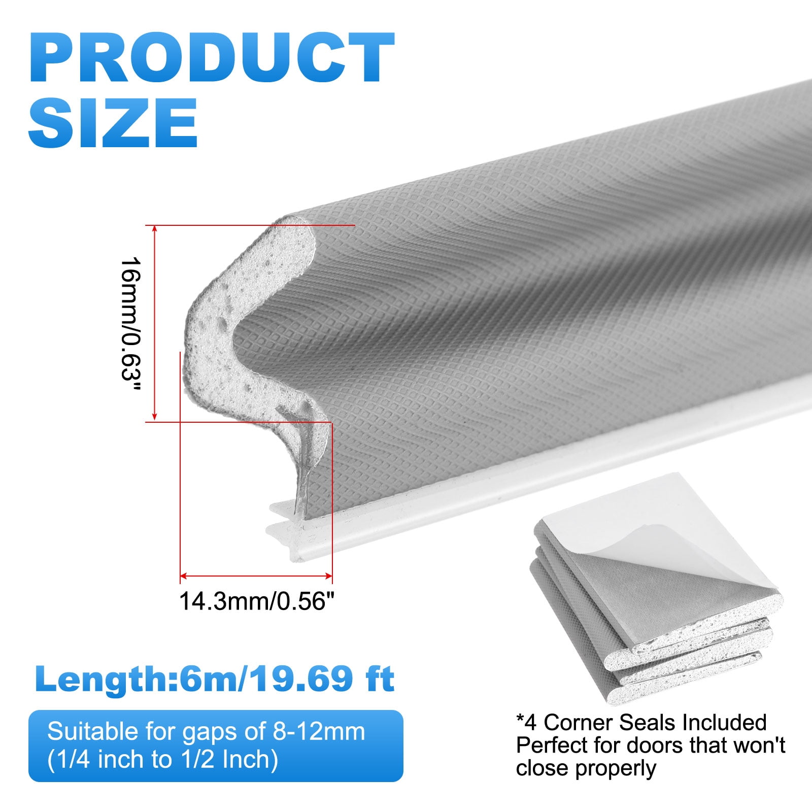 Uxcell Door Weather Stripping, 19.69 ft V-shaped Kerf Front Exterior Door Frame Weather Stripping with 4 Corner Seals for Soundproof Entry Interior Frame Window Gap Filler, Grey/White
