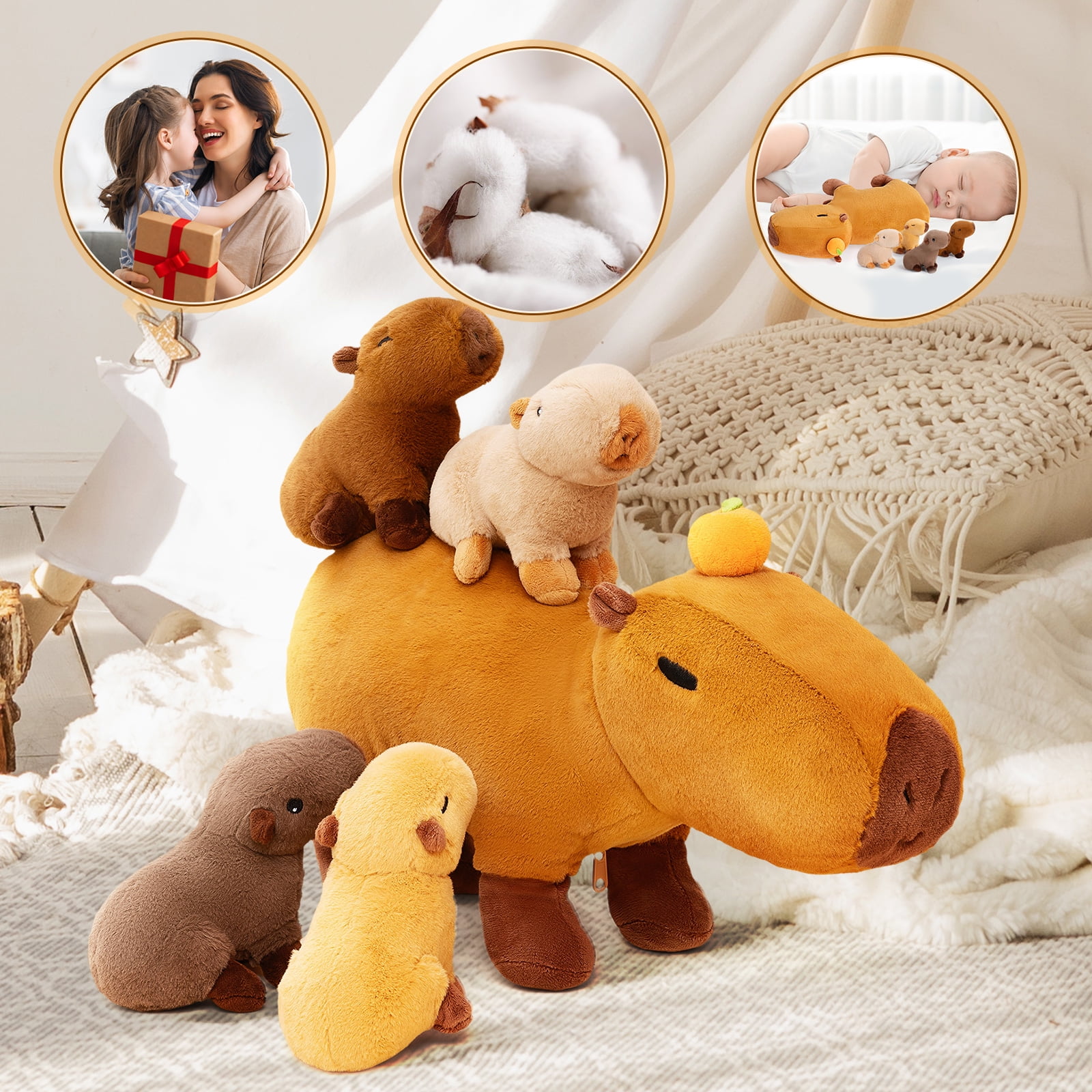 OUOZZZ 15" Capybara Stuffed Animal with 4 Babies inside, 5Pcs Capybara Soft Plush Pillow Toy Gift for Kids