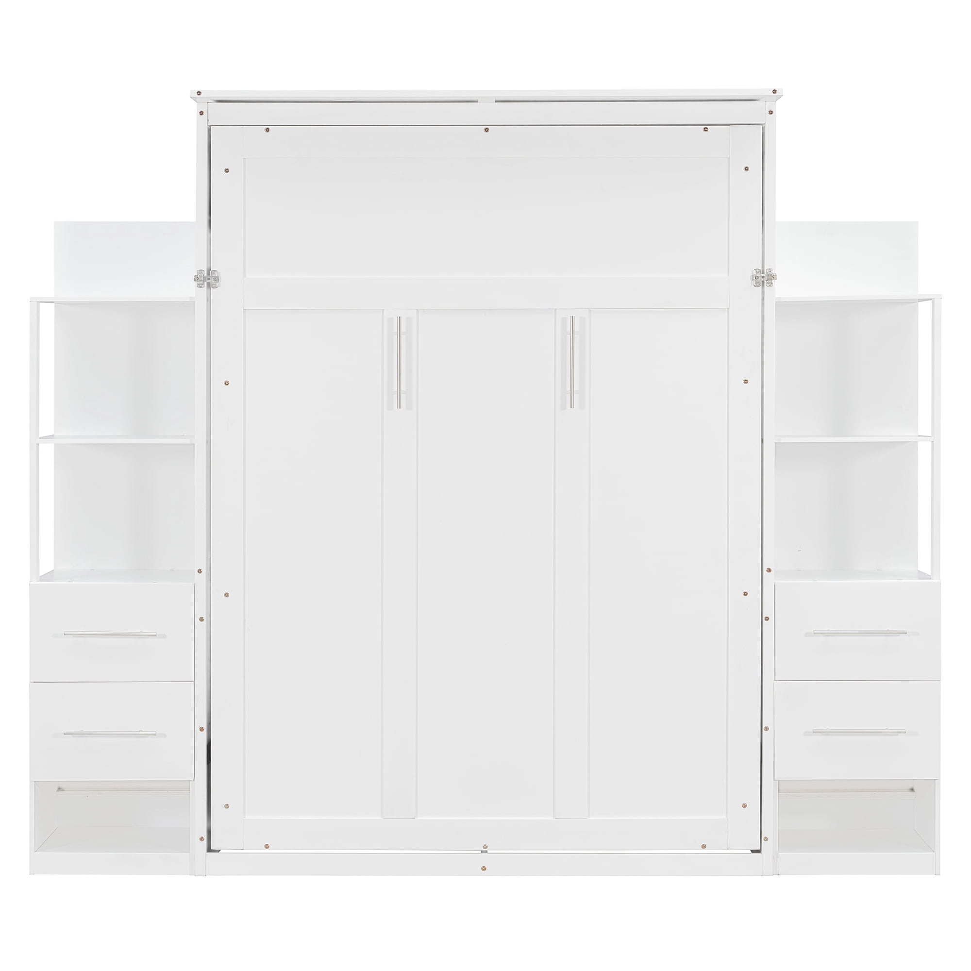 Mintazer Full Size Murphy Wall Bed with Storage Shelves & Drawers, Folding Bed with LED Lights for Guest Room Home Office, White