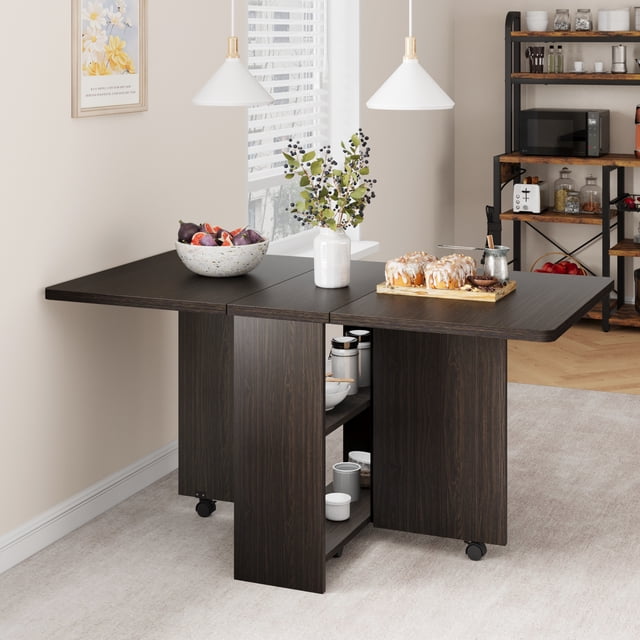 CazToi Folding Drop Leaf Dining Table with 6 Wheels & 2-Tier Storage Shelf Space-Saving Expandable Kitchen Table 47.2"L * 23.6"W * 29.5"H