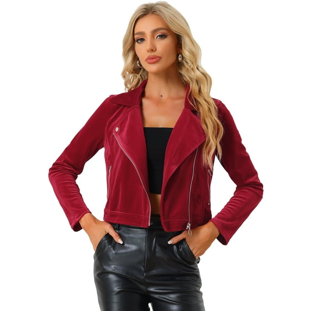 Chaqueta de motociclista Allegra K con cuello de solapa y cremallera de terciopelo Rojo S