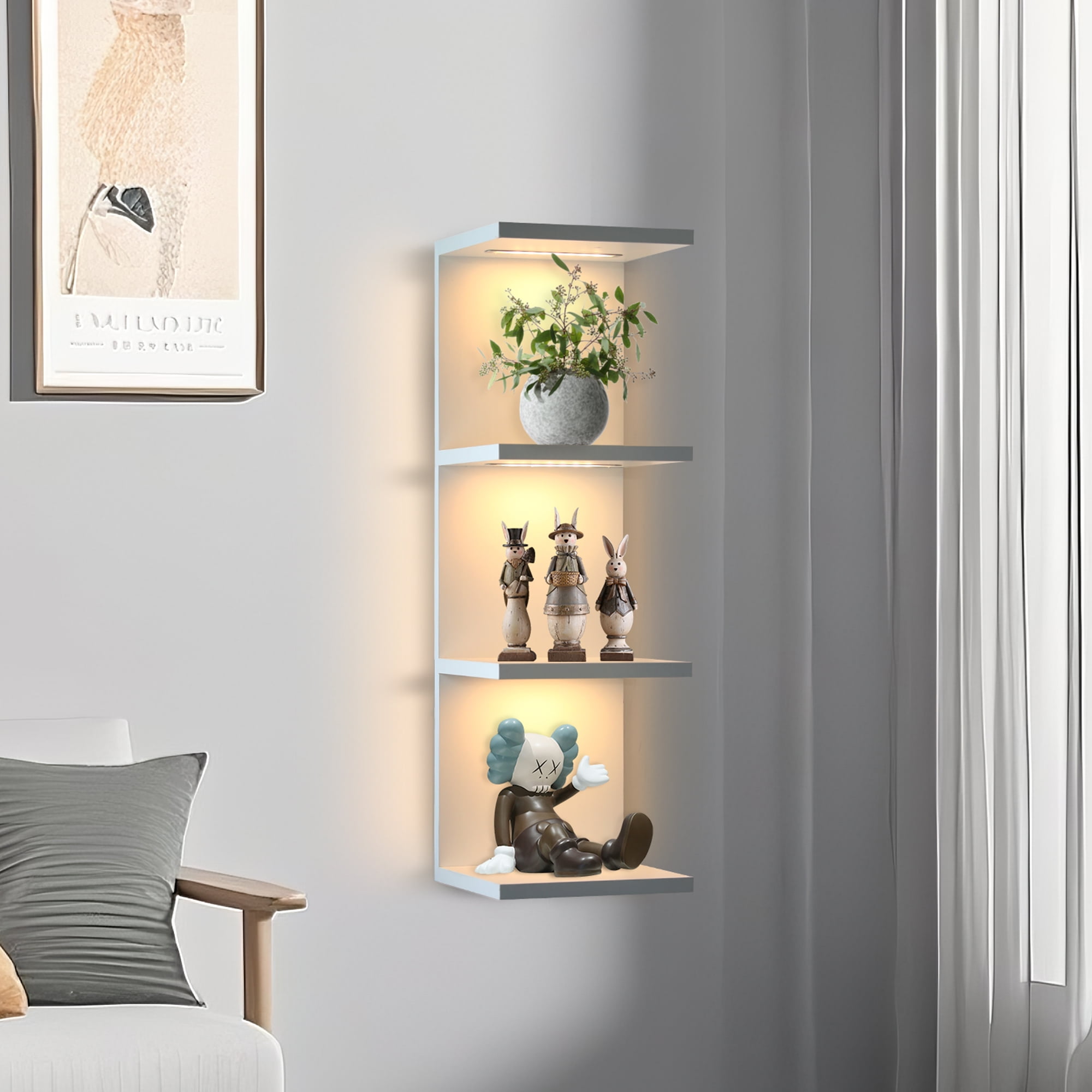 Versatile 4 Tier Wall Shelf Unit,White Lack Wall Shelf,Display Floating Shelf with LED Remote Control Light