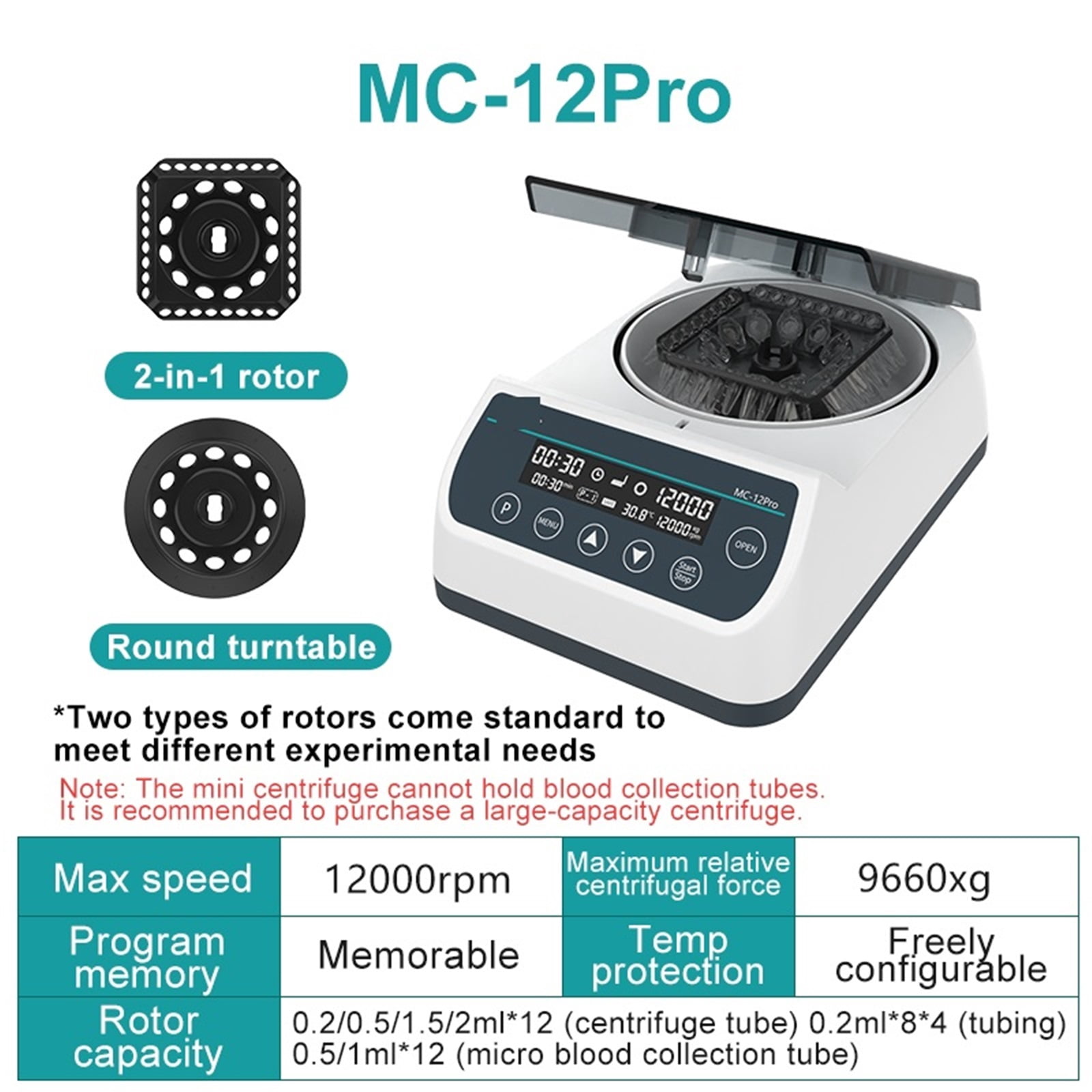 PCR Centrifuge Machine Laboratory Digital High Speed Centrifuge 12000RPM 0.2/0.5/1.5/2ml Centrifuge Tube MC-12Pro ,Efficient Separation