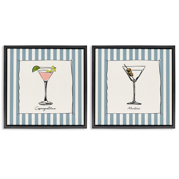 Stupell Industries Summer Drinks on Stripes 2 Piece Black Framed Floater Canvas Set, design by Susan Jill