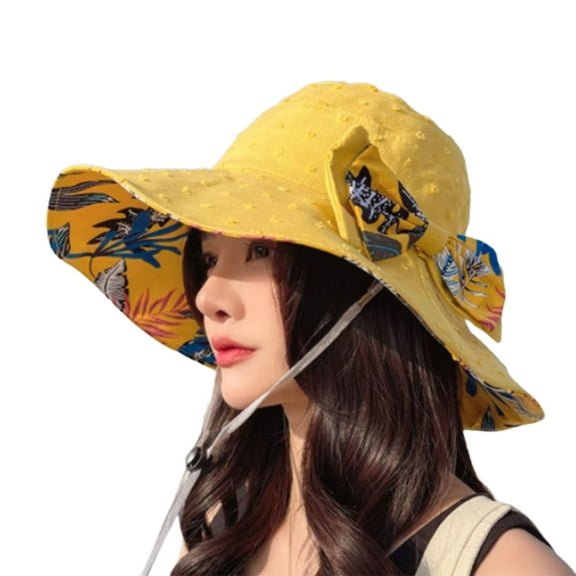 Women's Packable Reversible Bucket Hat UV Sun Protection Wide Brim Summer Beach Cap Bow Sun Hat