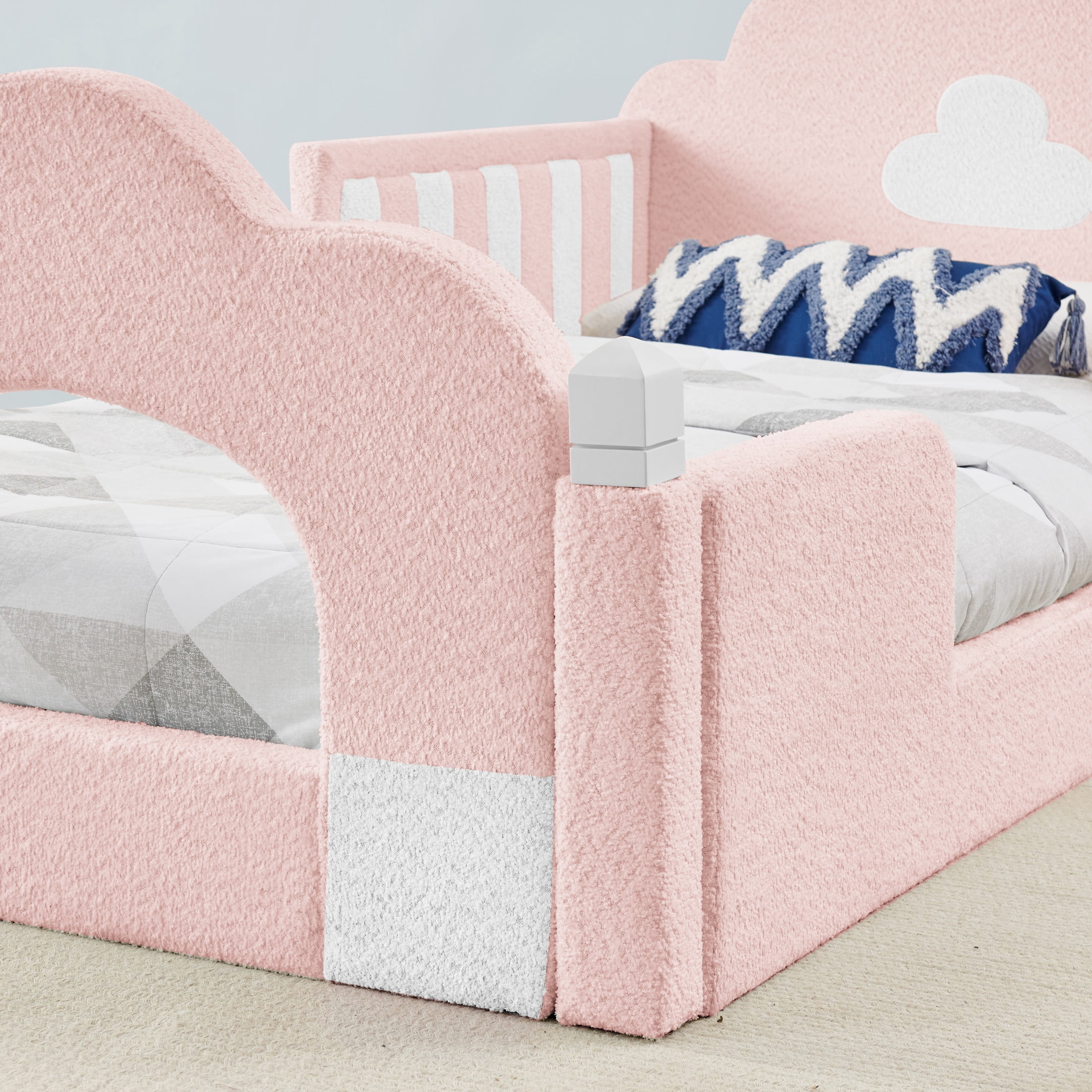 GDF Studio Arvion Twin Size Cloud Bed with Safety Guardrails & Solid Wood Frame, Boucle Fabric Upholstered Bed, Pink