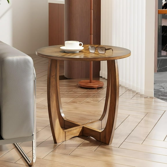 Solid Wood Round End Table with Splicing Top, Farmhouse Sofa Side Table, Beside Corner Table, Large Telephone Table for Living Room, Bedroom, 23.6" Dia x 21.7"H , Easy Assembly, Rustic  CJZ3223