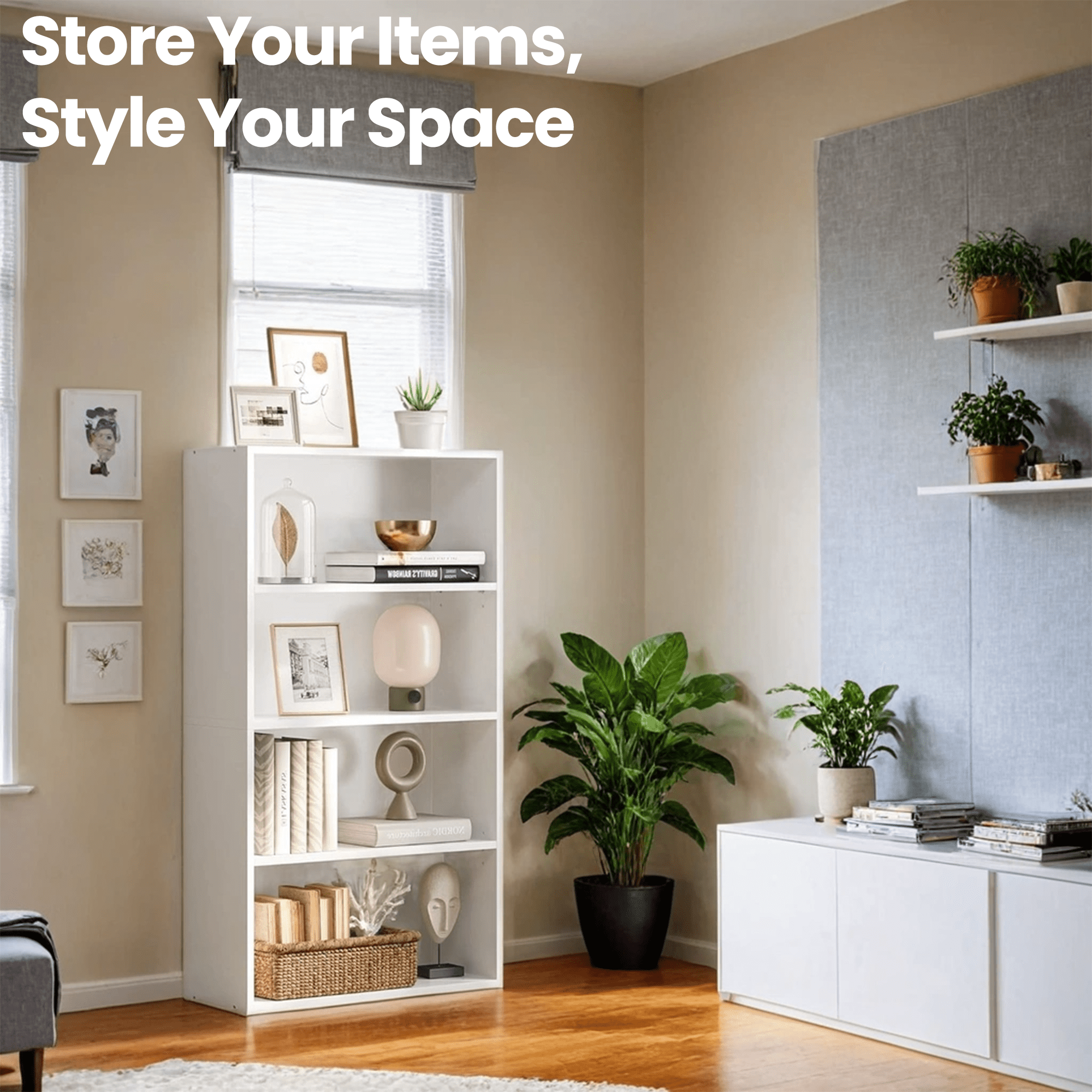 LEDREM 4-Tier Adjustable Bookcase, Open Bookshelf, Storage Shelf Organizer, 22lb Capacity per Shelf, for Home, Office, Cloud White