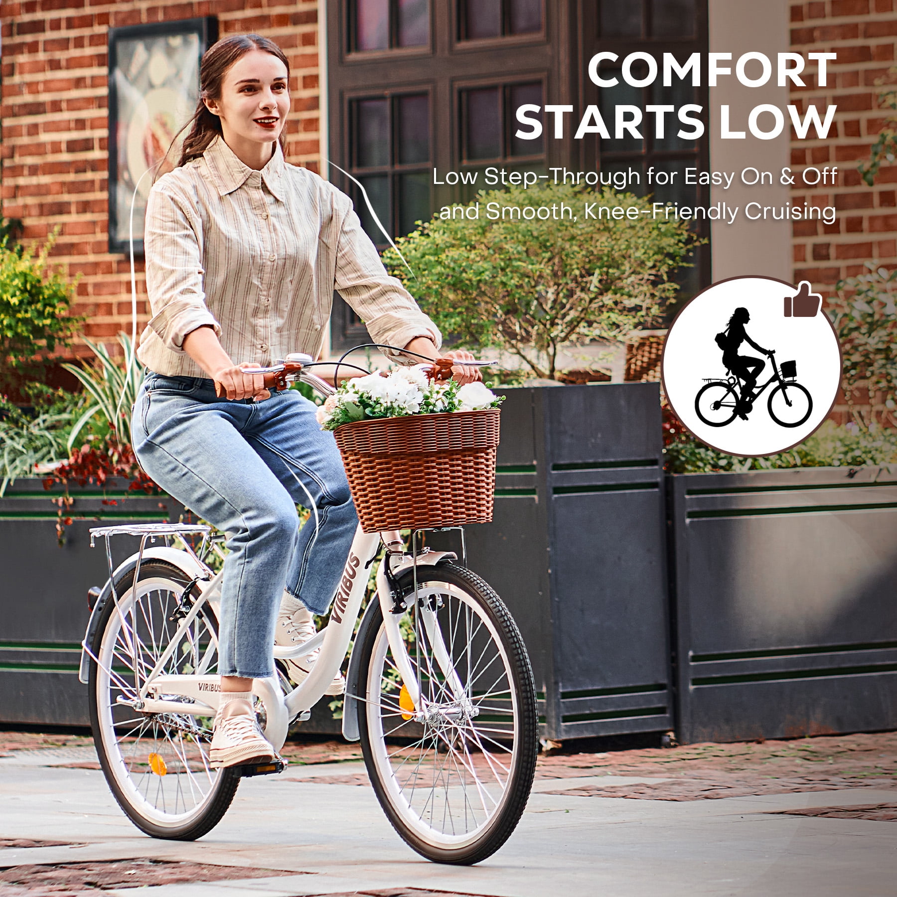 Viribus 24" City Cruiser Bicycle for Women with Carbon Steel Frame Dual V Brakes Basket for Women Adults,White