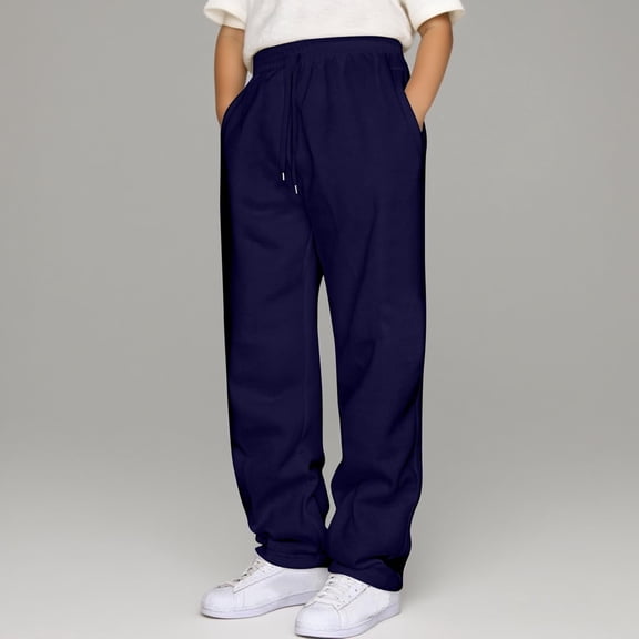 Huowey Big Boys Sweatants Lightweight Wide Leg Track Pants Solid Loose Fit Casual Trousers Elastic Waist Drawstring Comfort Outdoor Relaxed Joggers Streetwear,Navy,11-12 Years