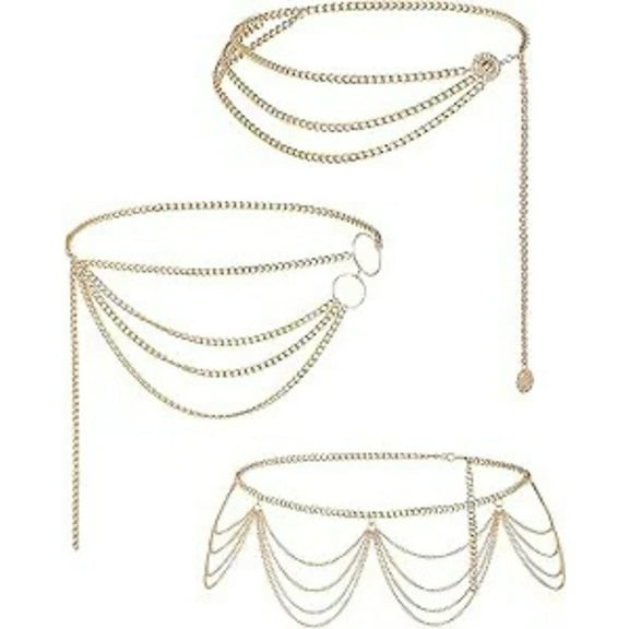 3-Pack Multi-Layer Waist Chain Adjustable Belly Jewelry Set, Silver & Gold Alloy Body Chains for Women, Beach Party Festival Accessories
