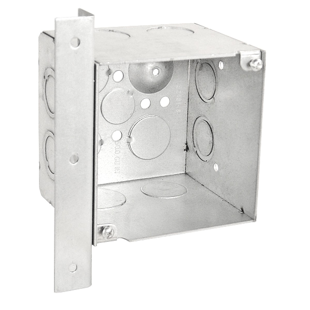 1 Pc, 4" Square, 3-1/2 In. Extra Deep Junction Box, Vertical Right Angle Bracket, Knockouts: Side: (4) 1/2-3/4 In (2) 3/4 In. & (2) 1 In.; Bottom (2) 1/2 In. & (2) 3/4 In, Zinc Plated Steel - image 1 of 1