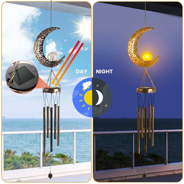 Outdoor Hanging Warm Solar Wind Moon Chimes Glass Decor for Outside