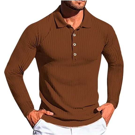 Aofany Men's Knit Shirts Lapel Long Sleeve Shirt Fashion Button Solid Color Slim Fit Tee Shirts