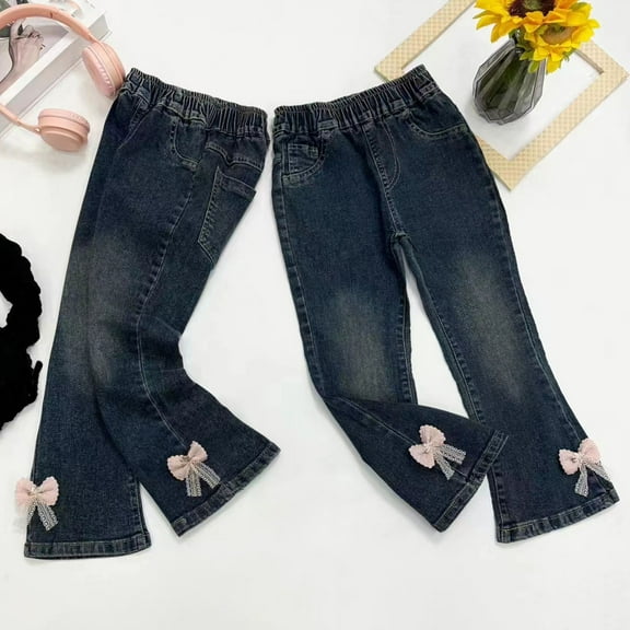 MKOSPLRT Bootcut Jeans for Toddler Girl Elastic Waist Bow Flare Jeans Solid Color Retro Bell Bottom Denim Pants with Pocket Kids Clothes