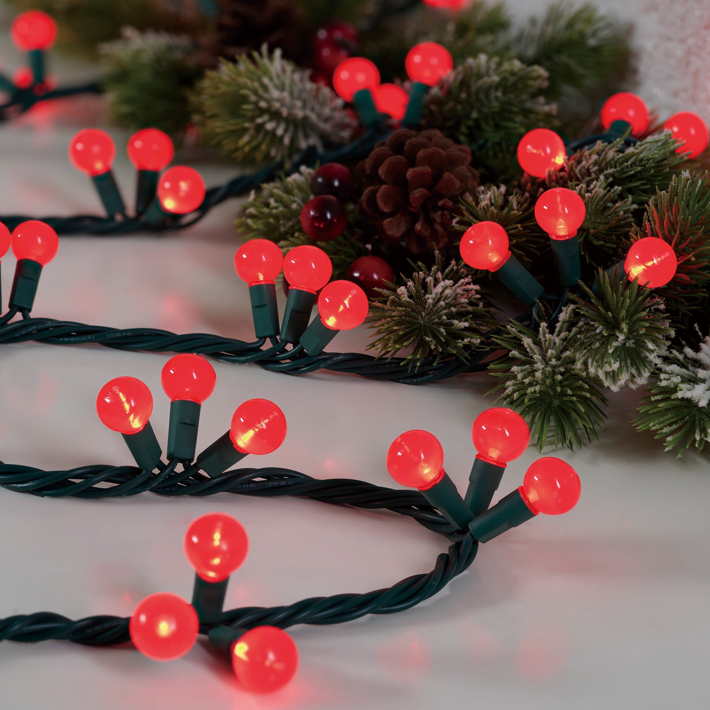 Indoor/Outdoor 90-Count LED G15 Globe Christmas Garland Lights, Frosted Red, Green Wire, 9', by Holiday Time