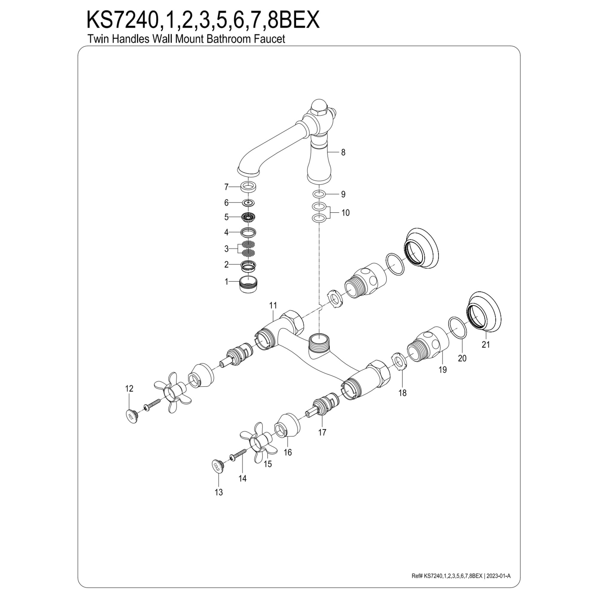 Kingston Brass KS7248BEX Essex Double-Handle Wall Mount Bathroom Faucet, Brushed Nickel