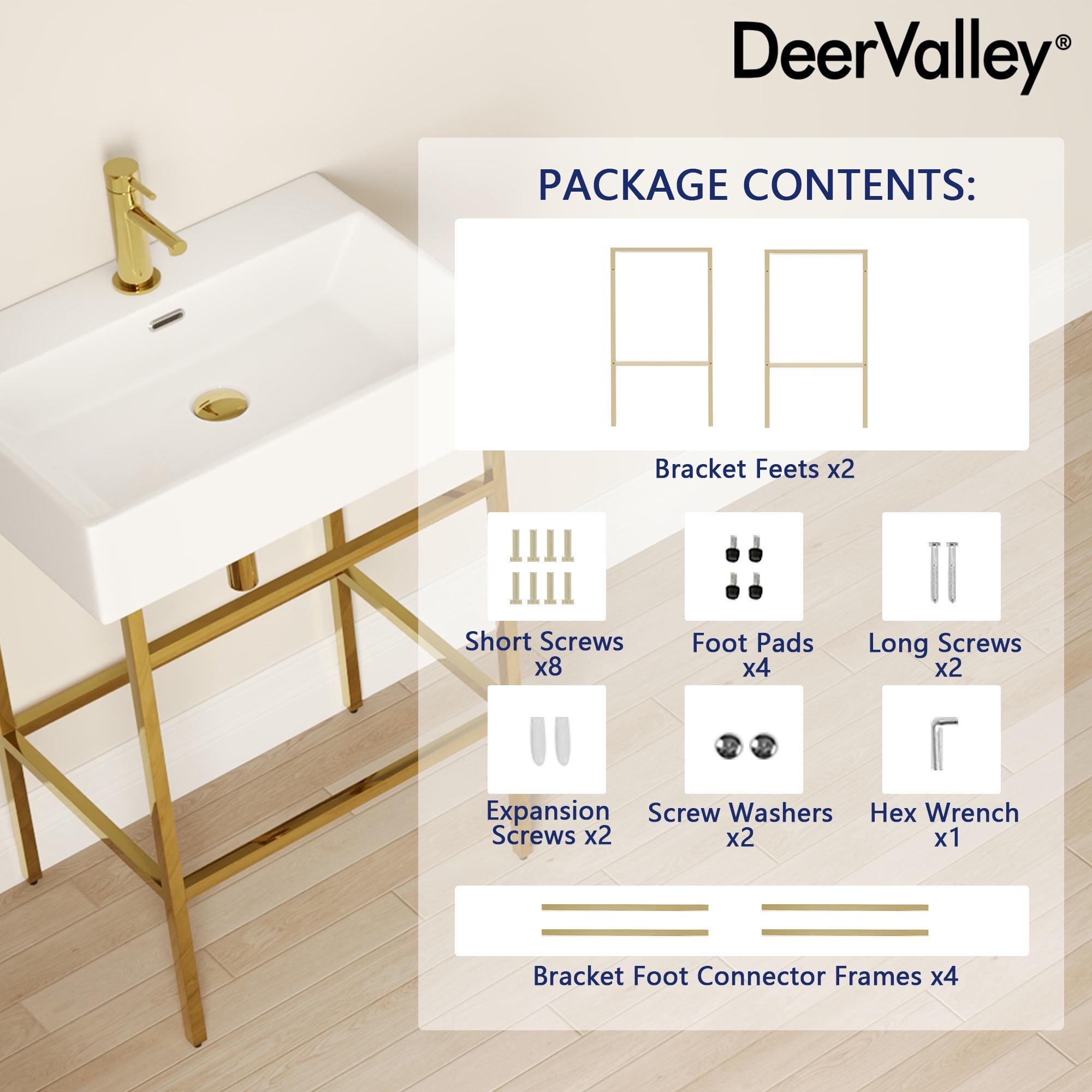 24 in. L x 17 in. W Ceramic Rectangular Bathroom Console Sink in White with Golden Legs and Overflow