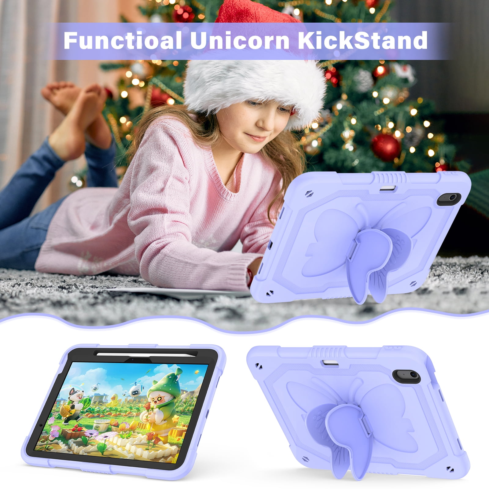 For iPad Air 11 M4 M3 M2 2026 2025 2024 Case, Cute Butterfly Design Heavy Duty Shockproof Shoulder Strap Pencil Holder Kickstand Bumper Kids Friendly Rugged Case for Apple iPad Air 11", Purple