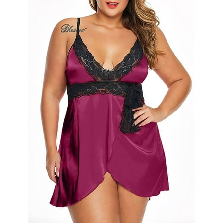 

Joinnvt Plus Size Womens Babydoll Satin Silk Lingerie Set Nightdress Panties Sleepwear