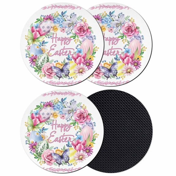Happy Eatser Coasters Set of 4, Absorbent Coasters for Drinks, Spring Flowers Colorful Eggs Pastoral Butterfly Coaster for Desk Coffee Table Protection, Home Decor House Warming Gifts 4"