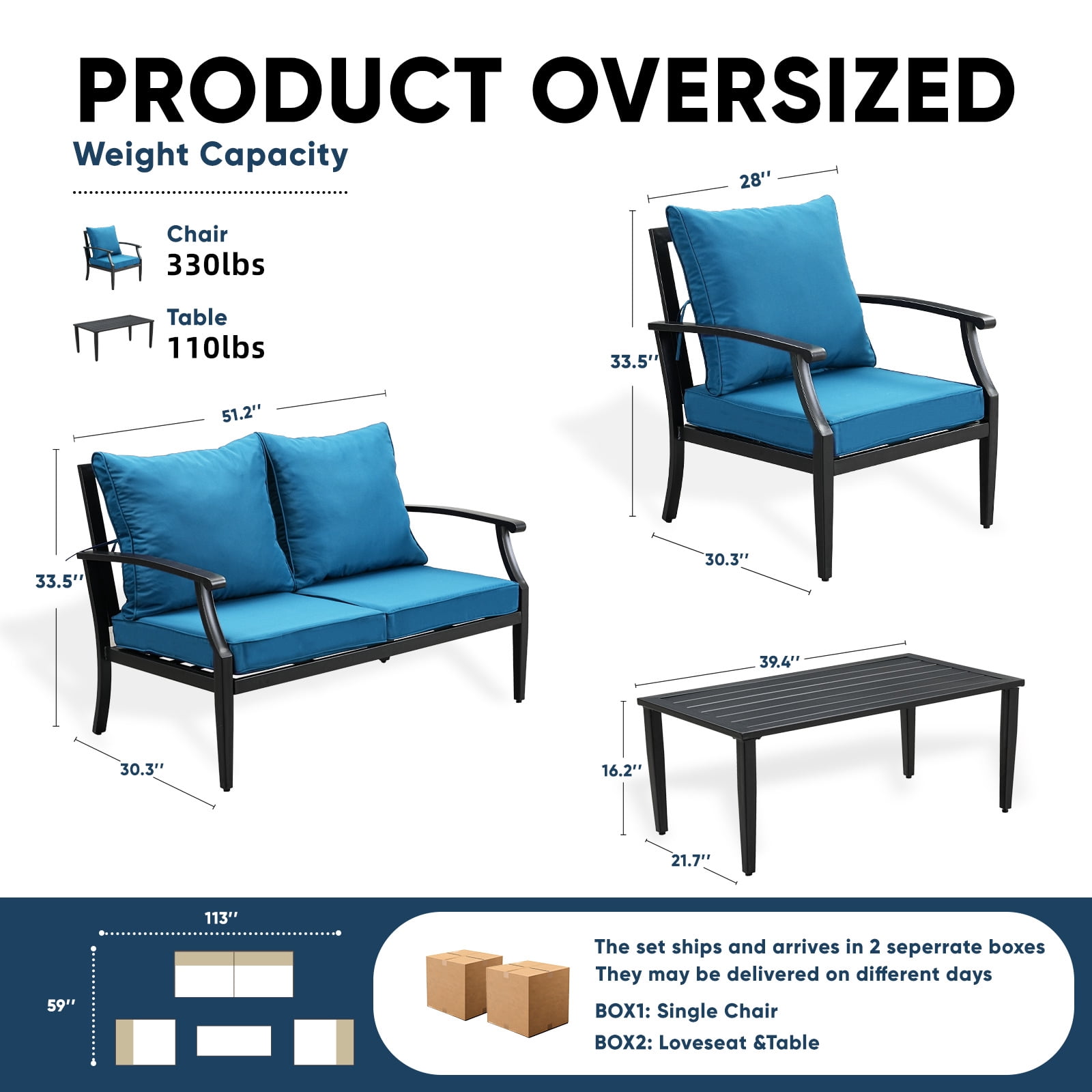 TerraRelax 4 Piece Outdoor Patio Furniture Set, Oversized Metal Conversation Set with High Back & Deep Seating, Water-Repellent Cushions, Coffee Table for Porch, Deck, Backyard, Peacock