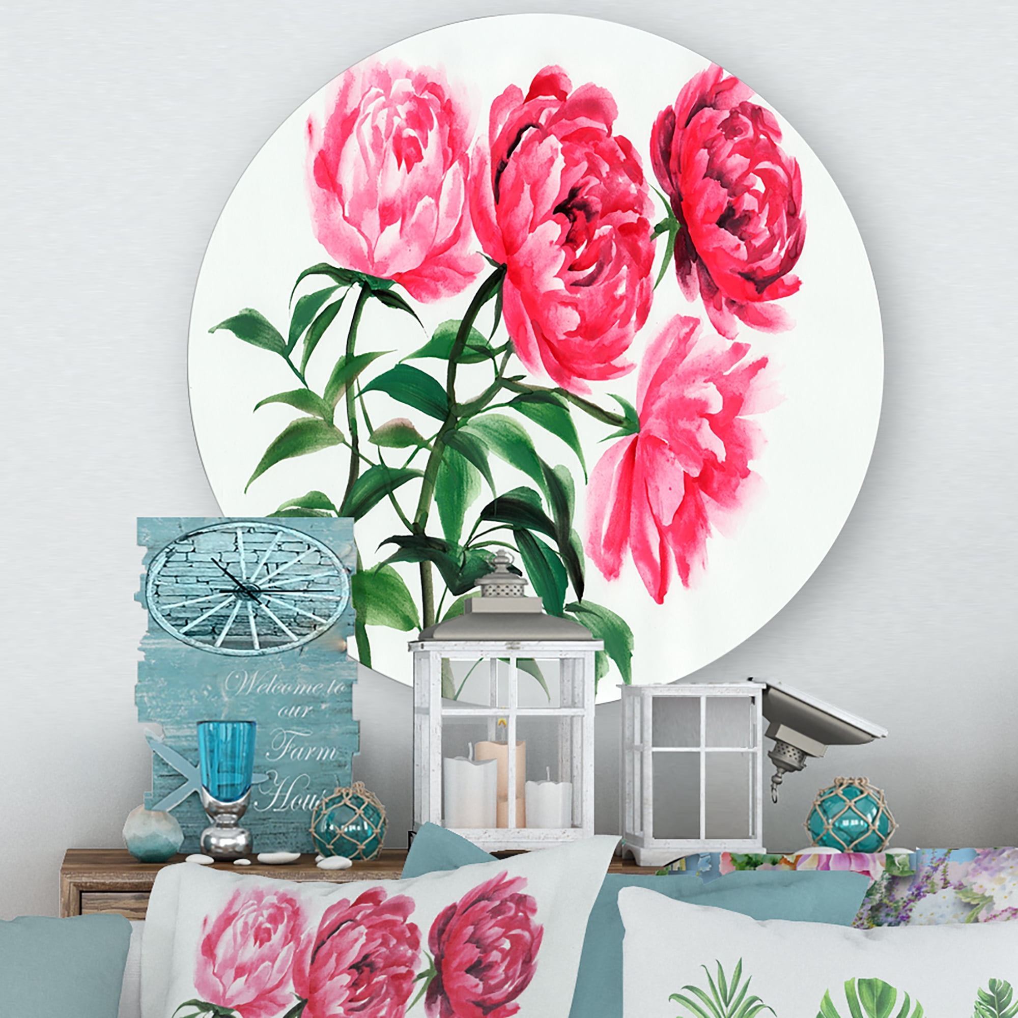 Designart 'Abstract Four Vintage Pink Peonies' Traditional Circle Metal Wall Art 11x11 - Disc of 11