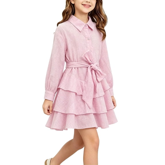 Fesfesfes Kids Girls Collared Button Down Tiered Ruffle Dress with Belt Long Sleeve Cute A-Line Casual Party Wear for Autumn Spring Days Ages 1-10 Years