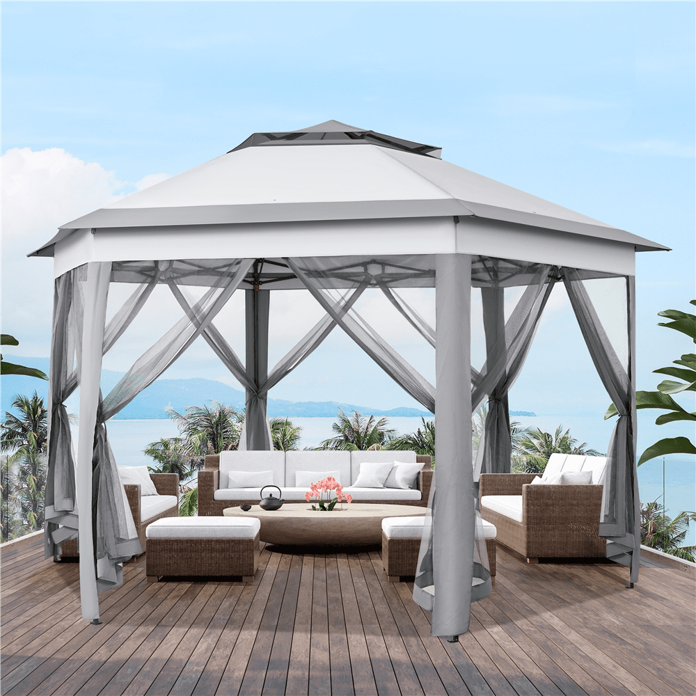 Renwick 13×13 Ft Hexagonal Outdoor Gazebo with Side Walls, Light Gray/Dark Gray