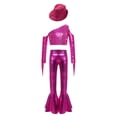 thumbnail image 3 of TSSOE Kids Girls Latin Jazz Modern Dancewear One Shoulder Crop Top with Pants and Hat Jazz Dance Performance Clothes Hot Pink 16, 3 of 7