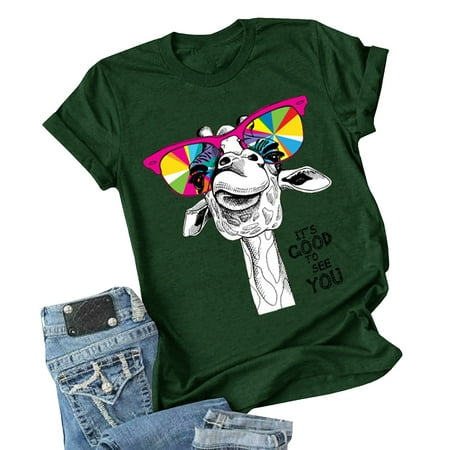 

Female Summer Cartoon Giraffe Wearing Sunglasses Print Basic T-Shirt