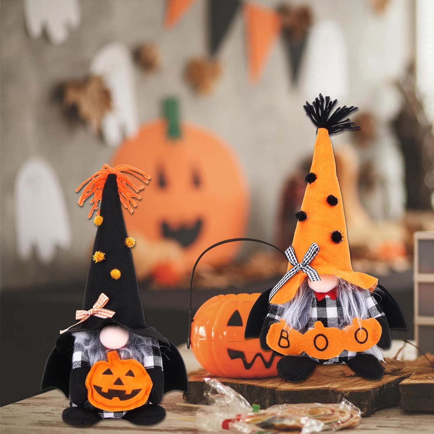 2 PCS Halloween Gnomes Plush Decor,Handmade Pumpkin Bat Ornaments Swedish Tomte Gnome Nisse Scandinavian Ornaments Elf Dwarf for Home Halloween Day Party Table Decorations