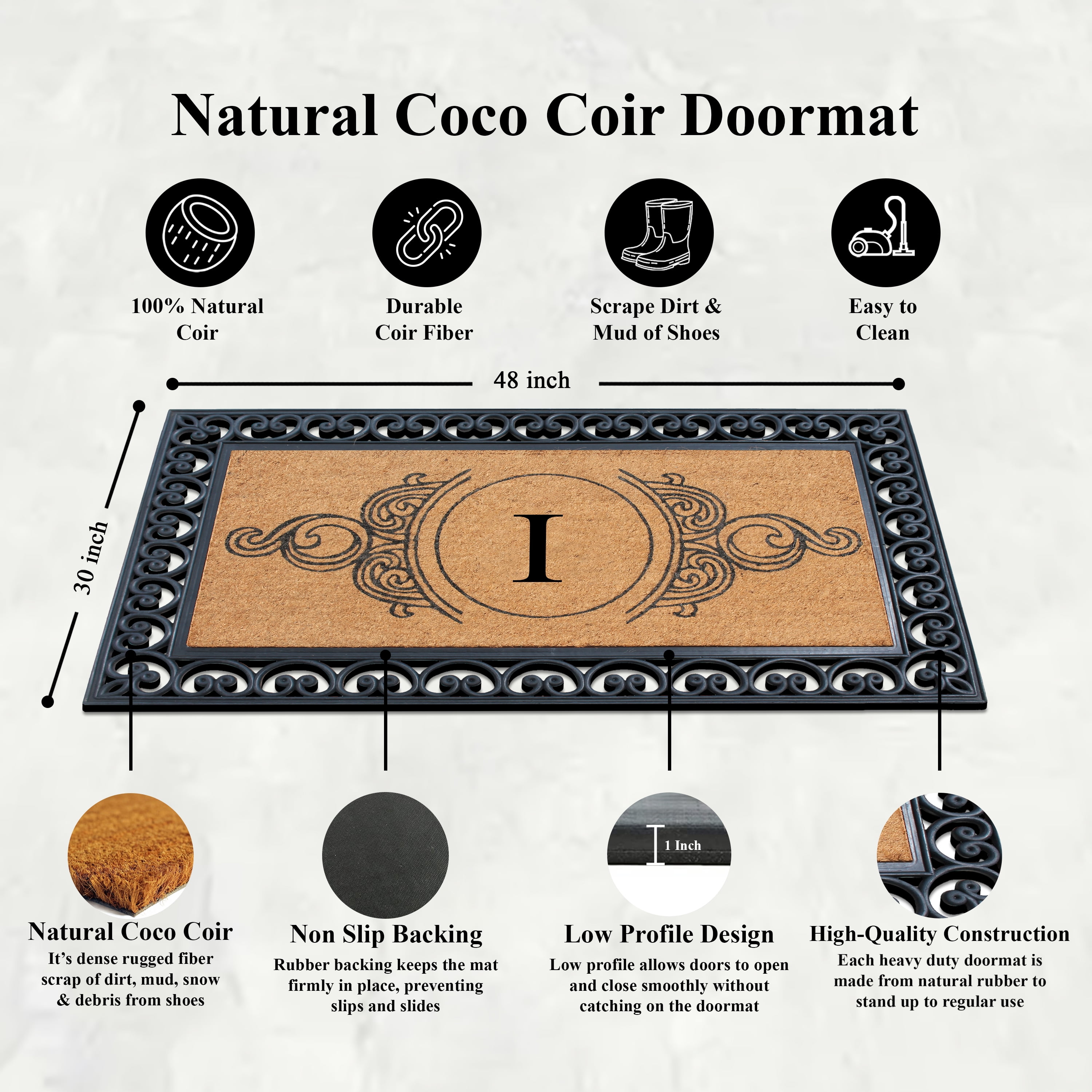 A1HC Rubber and Coir Doormat 30" x 48", Standard Double / Single Front Door Mat for Outdoor Entrance, Personalized Monogrammed Non-Slip Entrymat