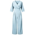 thumbnail image 5 of Karymi Capri Pants for Women Solid V Neck Wrap Jumpsuit, 3/4 Lantern Sleeve Elastic High Waist Wide Leg Long Romper Pants, Pleated Front Side Pockets Jumpsuit Women's Shorts, 5 of 5