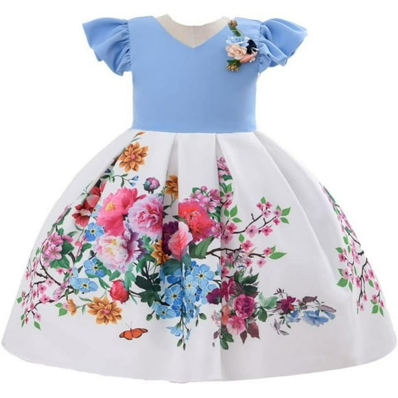 Pour Cosplay Robe Florale pour Filles et Jeunes Adultes Mode Fleur Ceinture Robe de Fête pour Enfants Âges 2-6 Ans Bleu - 2 4T