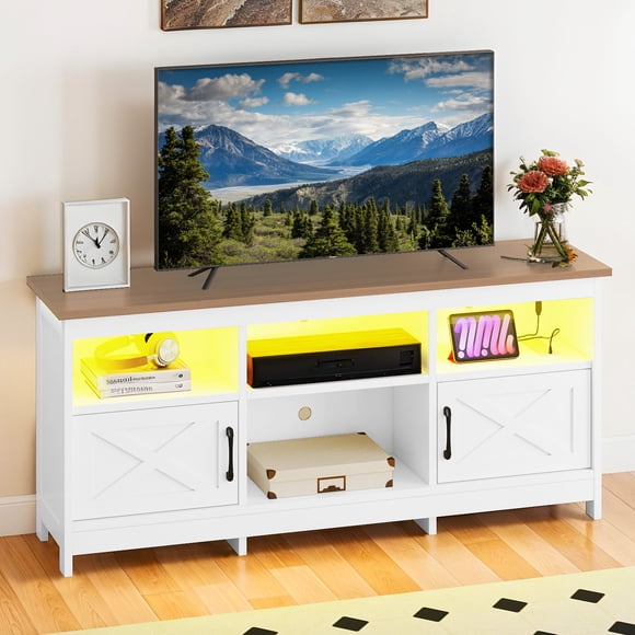 DEXTRUS TV Cabinet with Storage, LED Lights, and Power Outlet, TV Stand for Living Room, Bedroom, or Apartment, Accommodate 65 Inch TVs, White and Walnut
