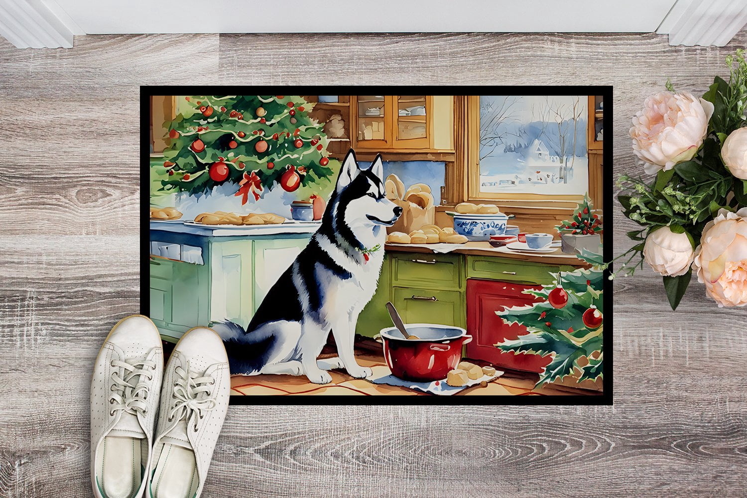 Carolines Treasures DAC3884MAT 18 x 27 in.  Siberian Husky Christmas Cookies Doormat