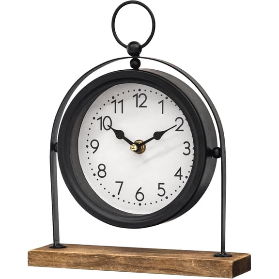 MODE HOME Vintage Small Table Clock, Black Metal Farmhouse Table Clock with Wooden Base, Silent Non-Ticking Battery Operated Desk and Shelf Clocks for Living Room, Kitchen, Bedroom Decor