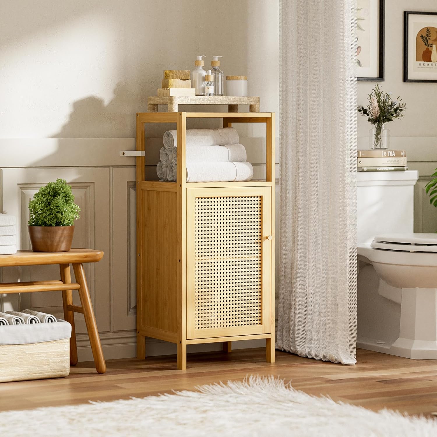 Bamboo Floor Cabinet, Bathroom Storage Organizer Rack with Single Rattan Door and 1 Shelf, Small Wooden Side Cupboard Stand for Entryway, Laundry, Kitchen, Living Room (Natural)